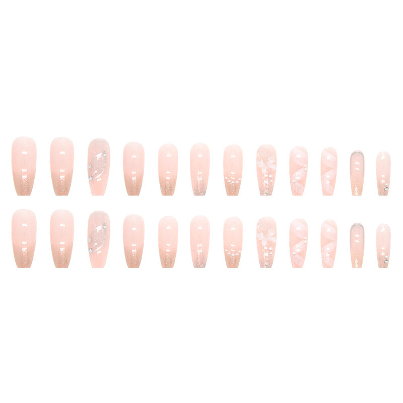 3D fake nail nude pink gentle sweet crystal press on nail with buttlefly