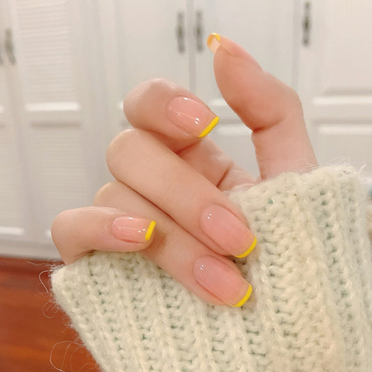 Short type nude color French yellow design nail women gentle press on nail