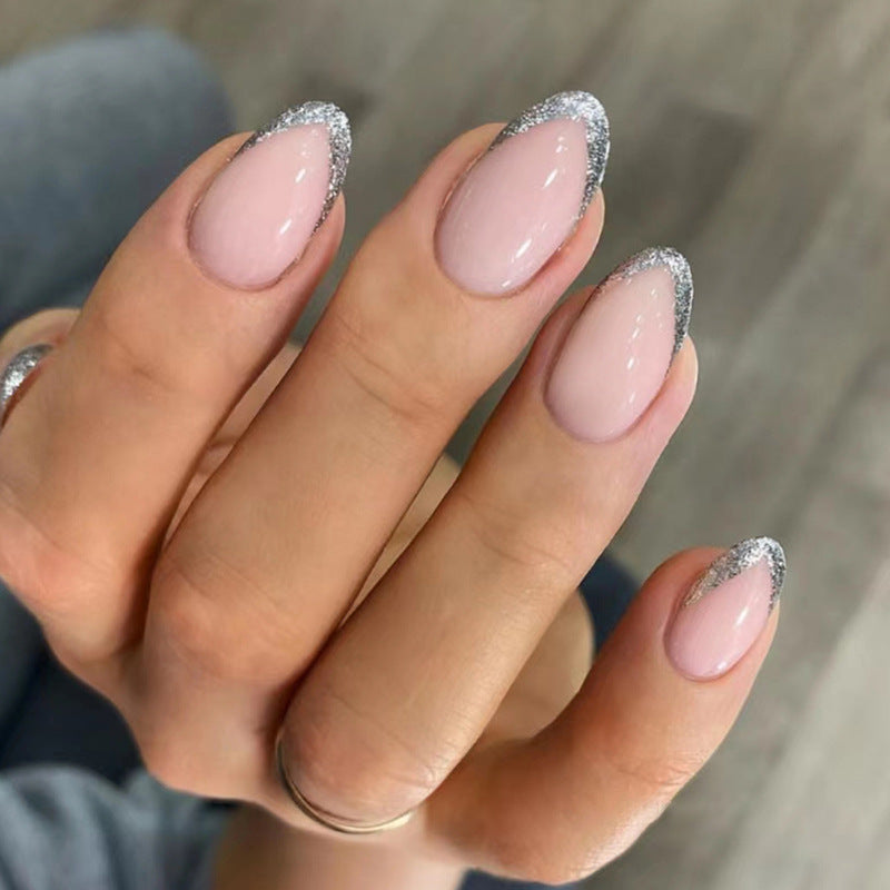 Nude pink oval shape French design glitter powder gentle girl fashion press on nail