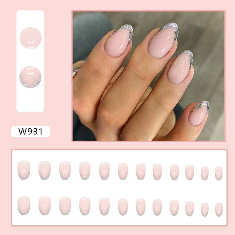 Nude pink oval shape French design glitter powder gentle girl fashion press on nail