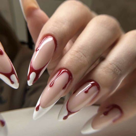 Halloween style almond long type red blood white French design girl press on nail