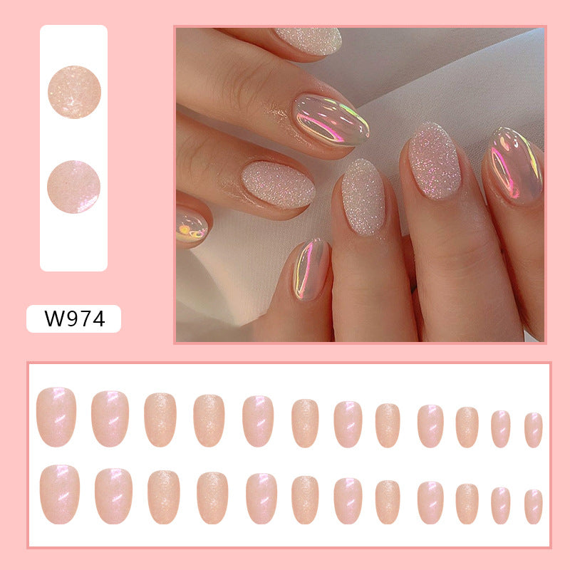 Sweet glitter powder pink color aurora oval shape press on nail