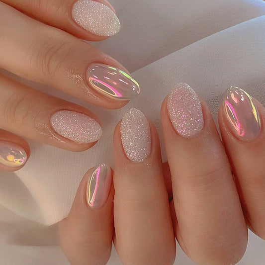 Sweet glitter powder pink color aurora oval shape press on nail