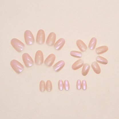 Sweet glitter powder pink color aurora oval shape press on nail