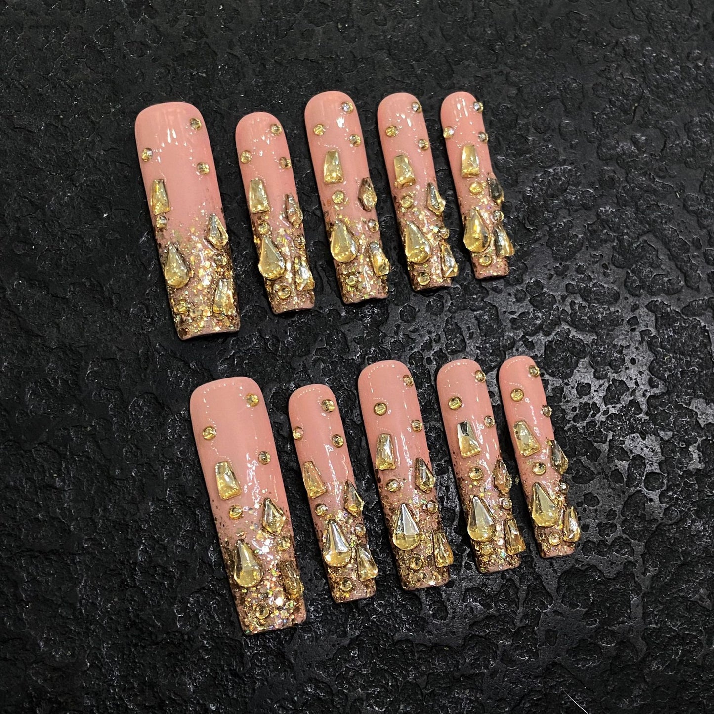 Pure handmade pink color gold diamond long nail art