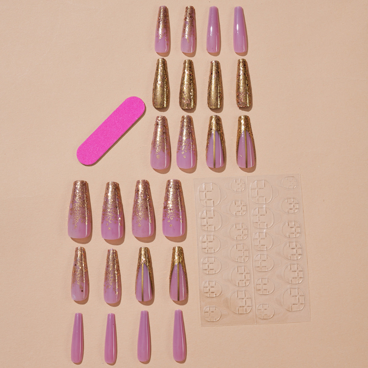 Spicy design long coffin nail wear 24pcs glitter powder gold press on nail with pink buttom