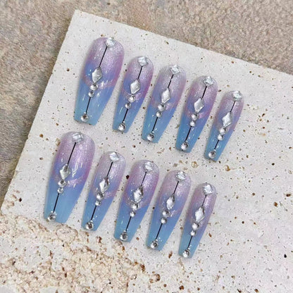 2024 new nails cat's eye gradient diamond blue false nail