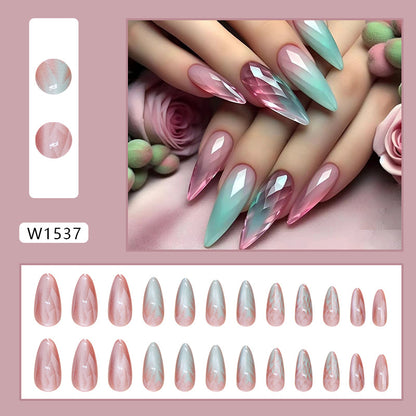 Medium long almond gradient cat eye plate 24 pieces press on nail