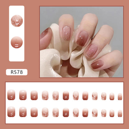 Bling short fake nail red brown gradient 24 pcs press on nail