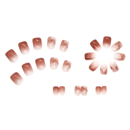 Bling short fake nail red brown gradient 24 pcs press on nail