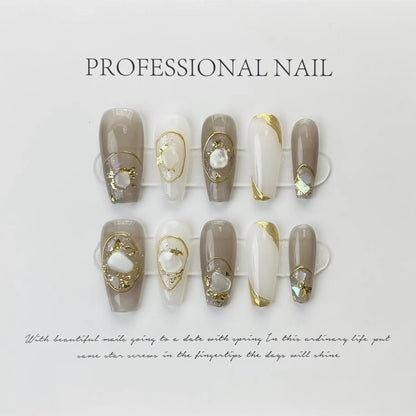 Advanced gray-brown nail art shell gold edge press on nails for special occasions