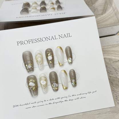 Advanced gray-brown nail art shell gold edge press on nails for special occasions