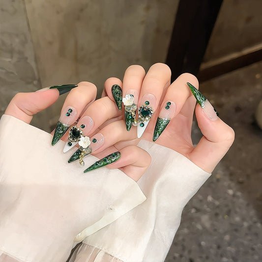 Advanced Green Long Fake Nail Affordable Nail Art