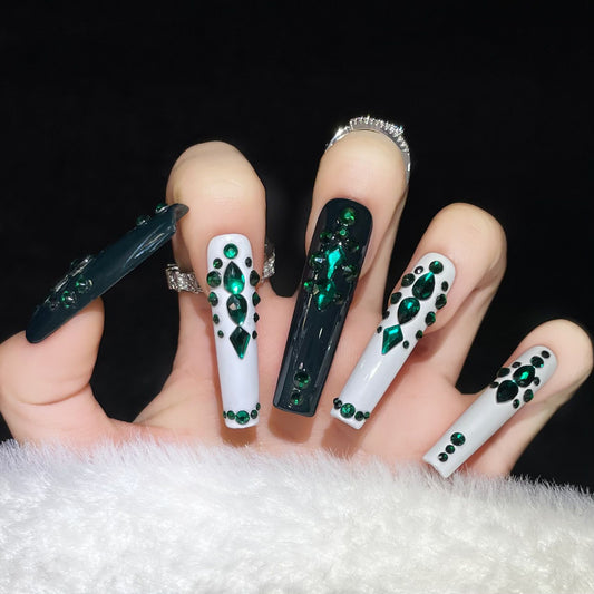 Handmade false nail green diamond nail art long nails