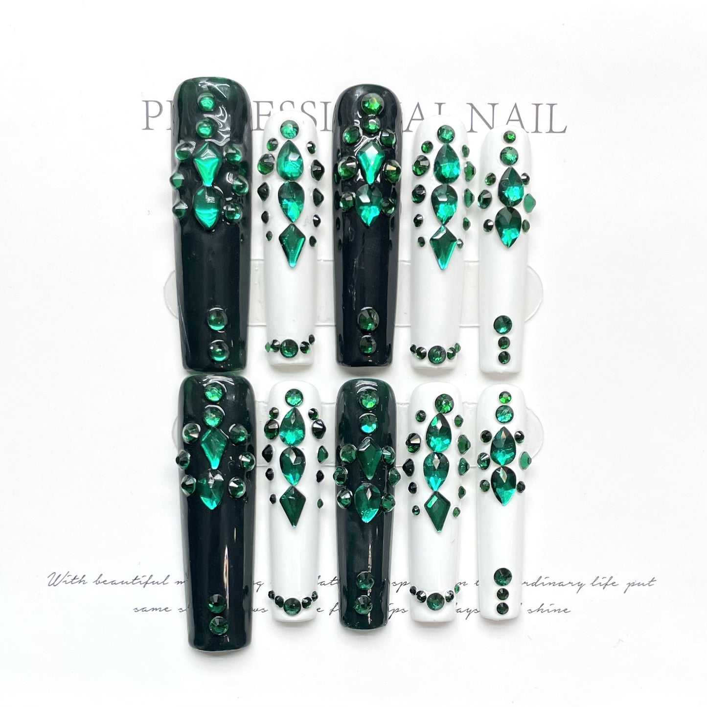 Handmade false nail green diamond nail art long nails