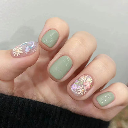 Flower pattern spring short nail green 24pcs press on nail