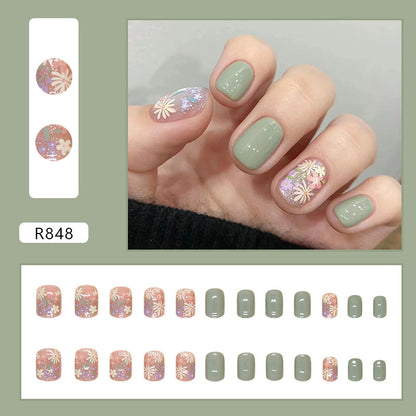 Flower pattern spring short nail green 24pcs press on nail