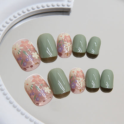 Flower pattern spring short nail green 24pcs press on nail