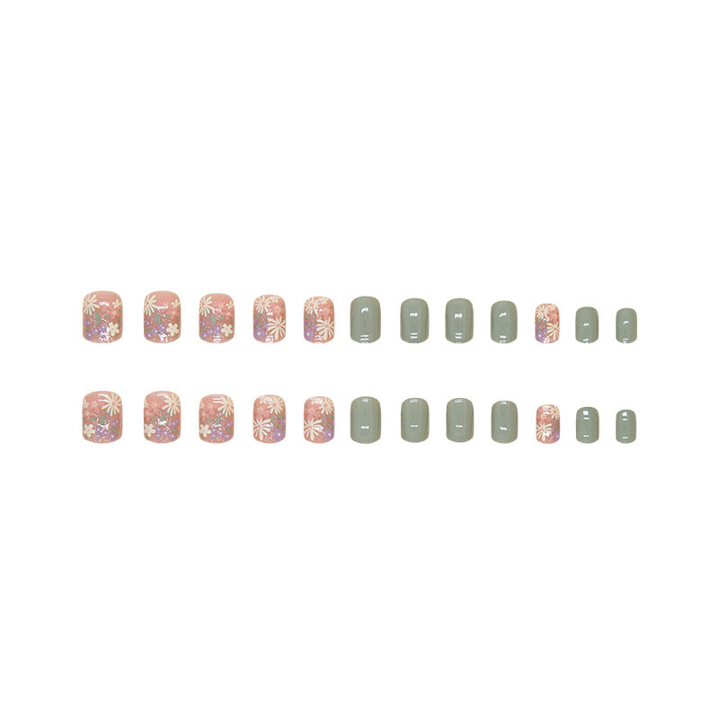 Flower pattern spring short nail green 24pcs press on nail