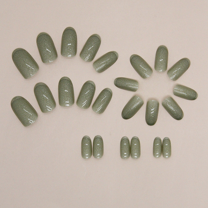 French design green color glitter powder fake nail aurora bling press on nail