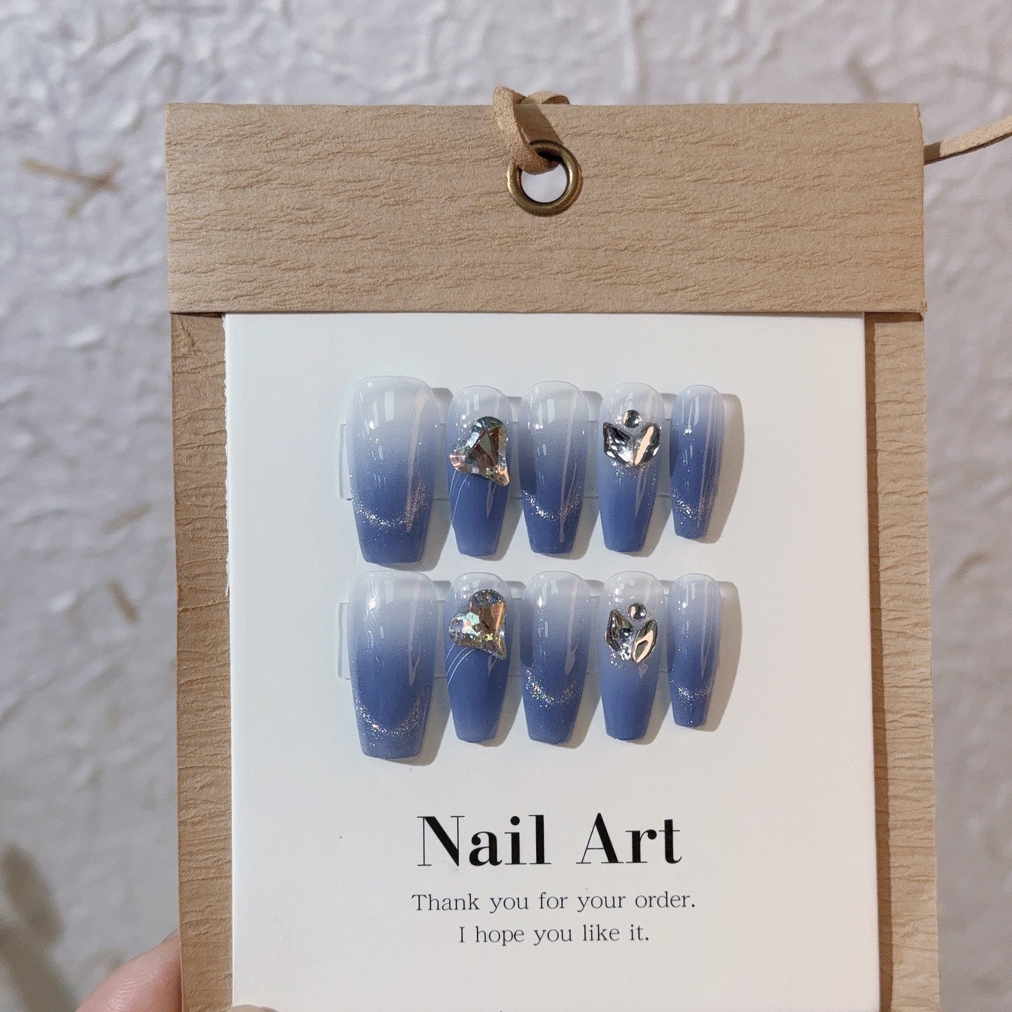 Handmade nail simple heart gradient blue press on nails