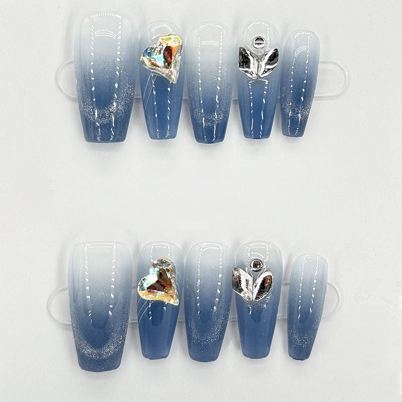 Handmade nail simple heart gradient blue press on nails