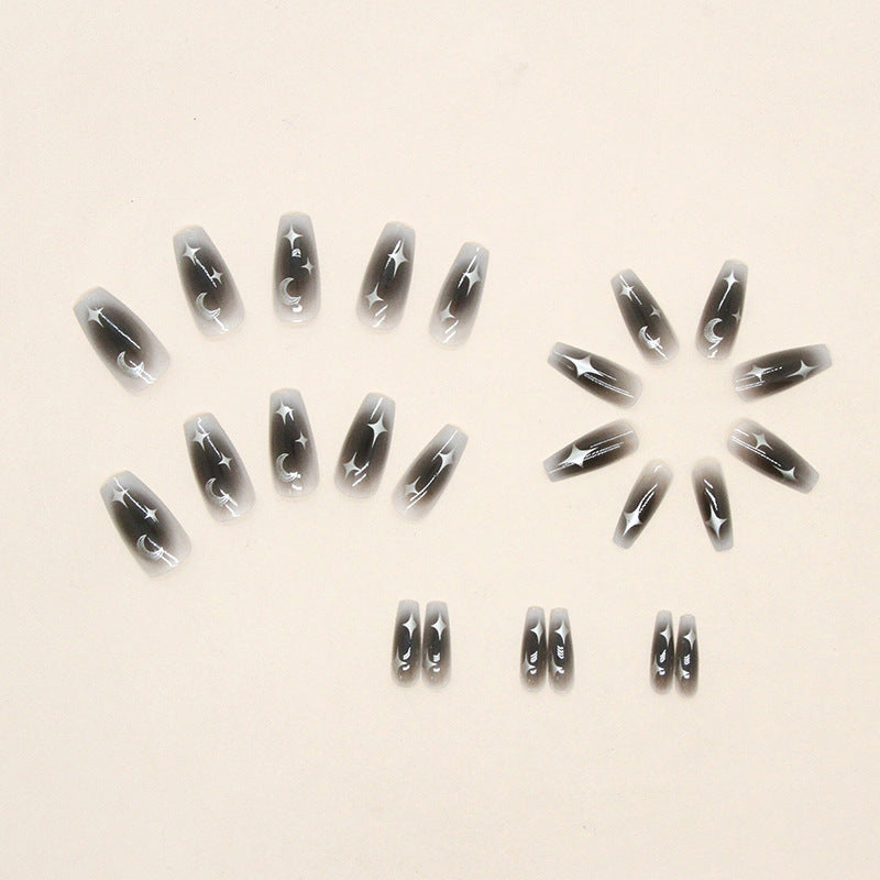 Black gradient silver star moon pattern coffin fake press on nail