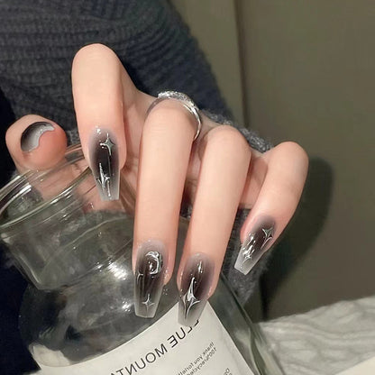 Black gradient silver star moon pattern coffin fake press on nail