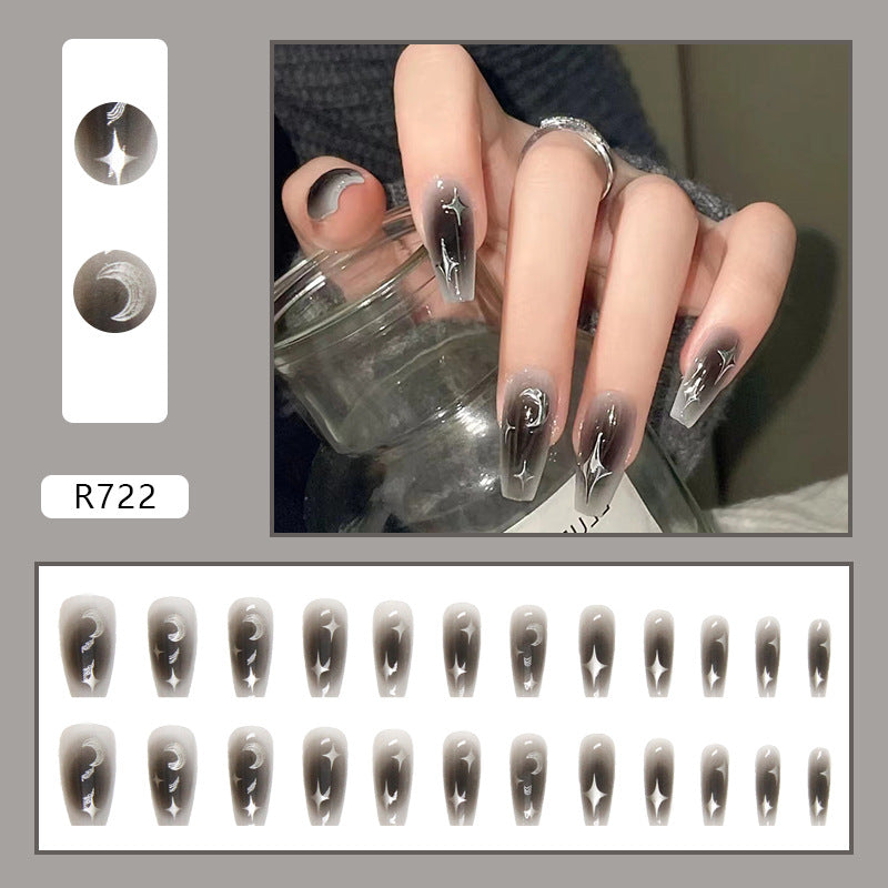 Black gradient silver star moon pattern coffin fake press on nail