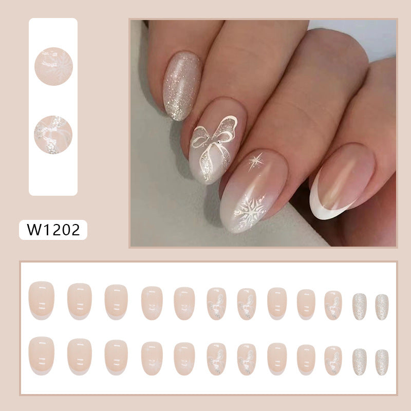 White French design glitter powder bling lady press on nail