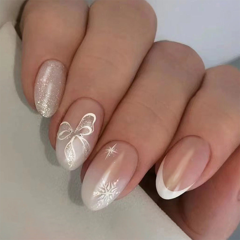 White French design glitter powder bling lady press on nail