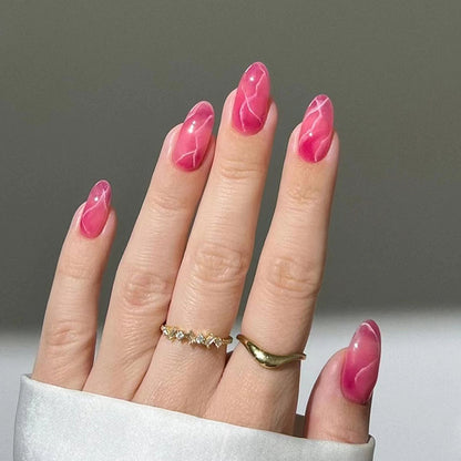 Almond false nail pink link texture marble design pink press on nail