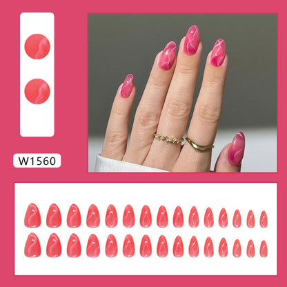 Almond false nail pink link texture marble design pink press on nail