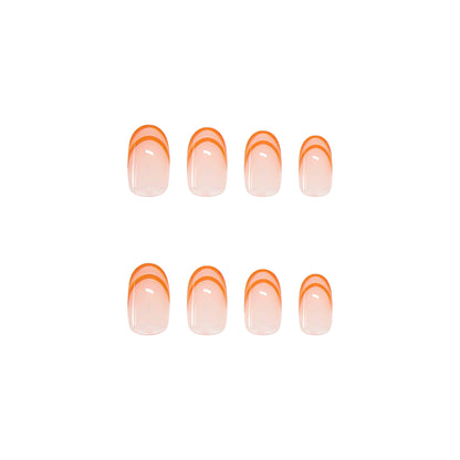 Orange color French design line pattern oval press on nail