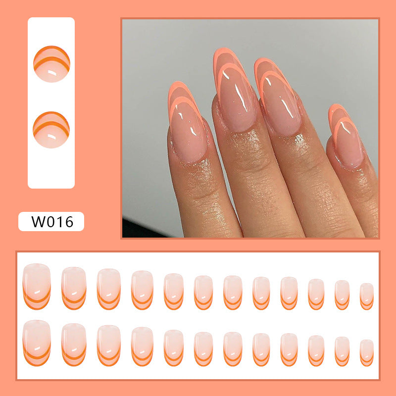 Orange color French design line pattern oval press on nail