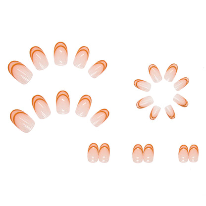 Orange color French design line pattern oval press on nail