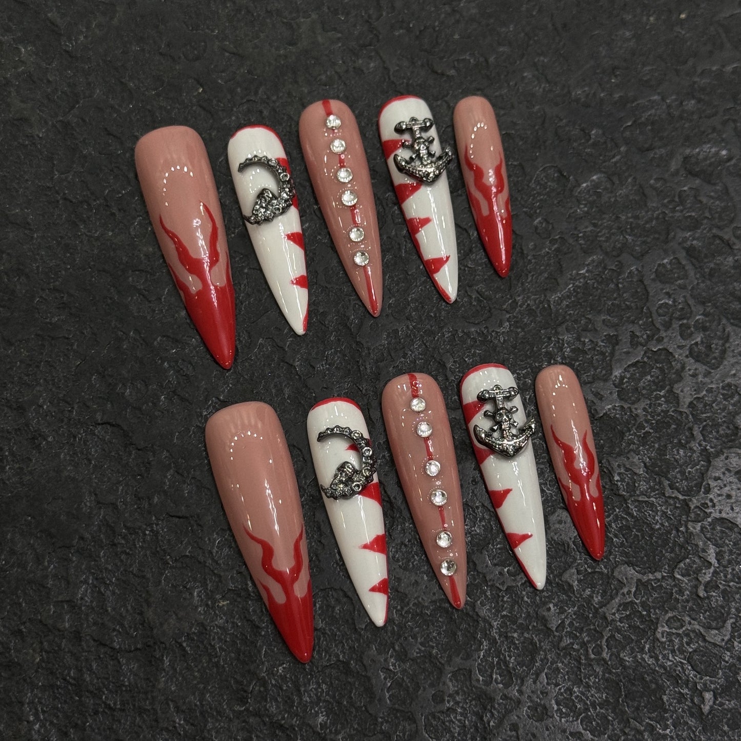 Unique long almond nail red white color 3D decora fake nails