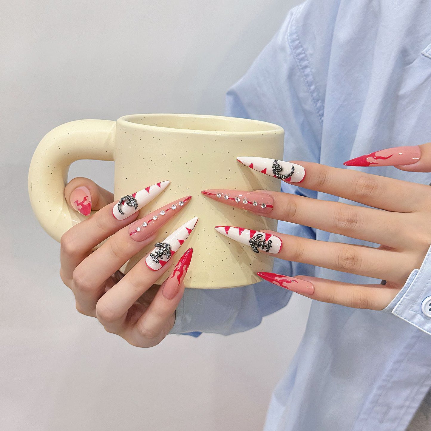 Unique long almond nail red white color 3D decora fake nails