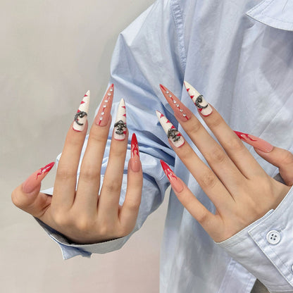 Unique long almond nail red white color 3D decora fake nails