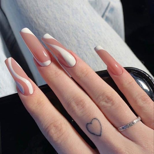 Free Shipping White line light pink removeable press on nail