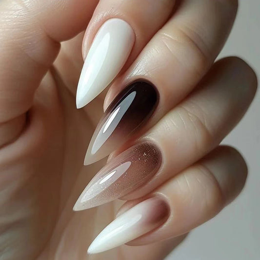 Cool long design pure white nail wearing brown gradient press on nail