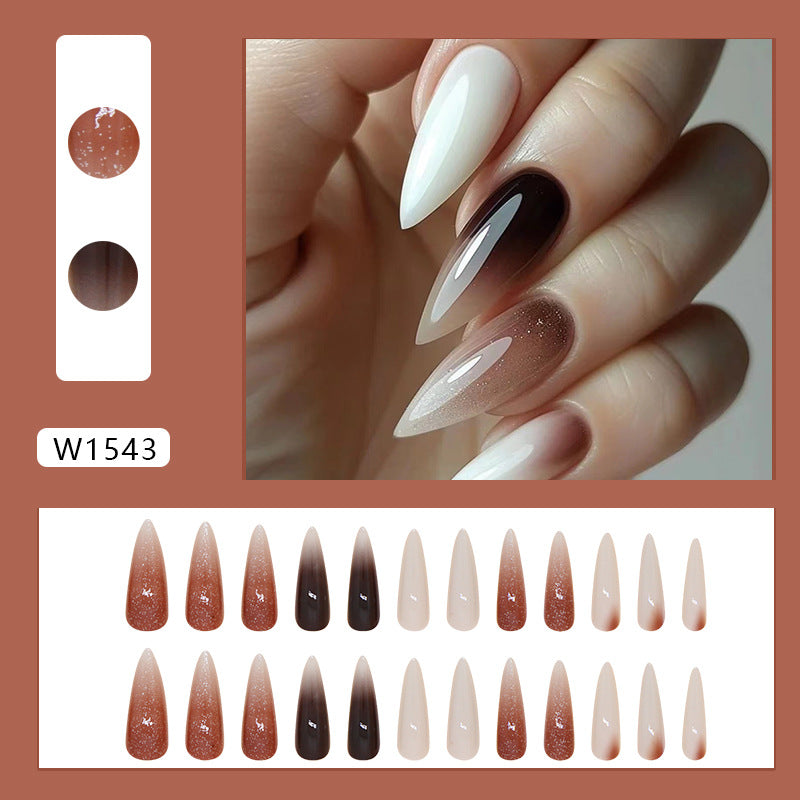 Cool long design pure white nail wearing brown gradient press on nail