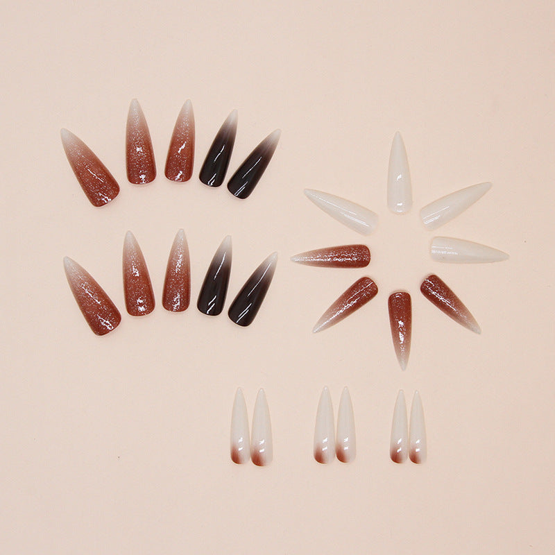 Cool long design pure white nail wearing brown gradient press on nail