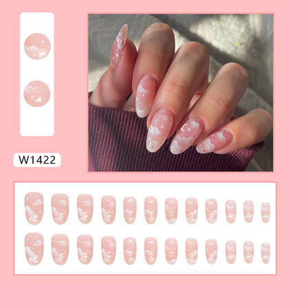 Gentle cute fake nail white cloud oval shape long press on nail