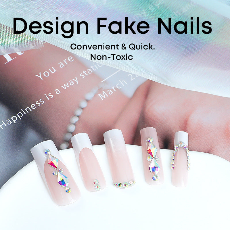 Excellent design long square design women press on nail with colorful diamond