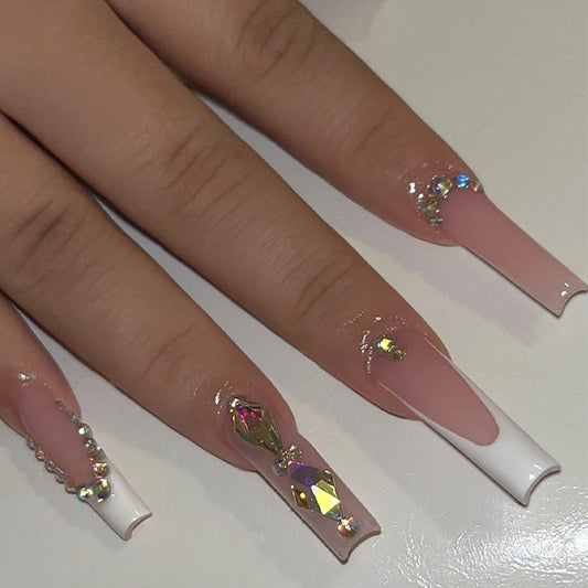 Excellent design long square design women press on nail with colorful diamond