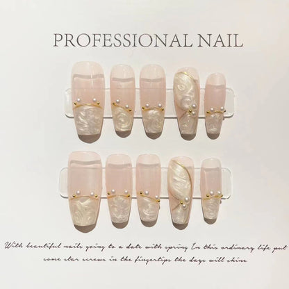 Light luxury coffin shape pink press on nail art