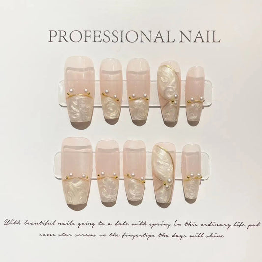 Light luxury coffin shape pink press on nail art