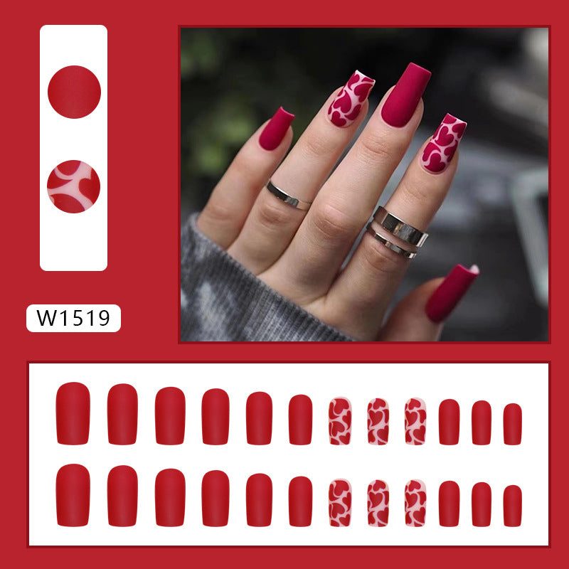 Spicy design medium long matt red color press on nail with heart shape