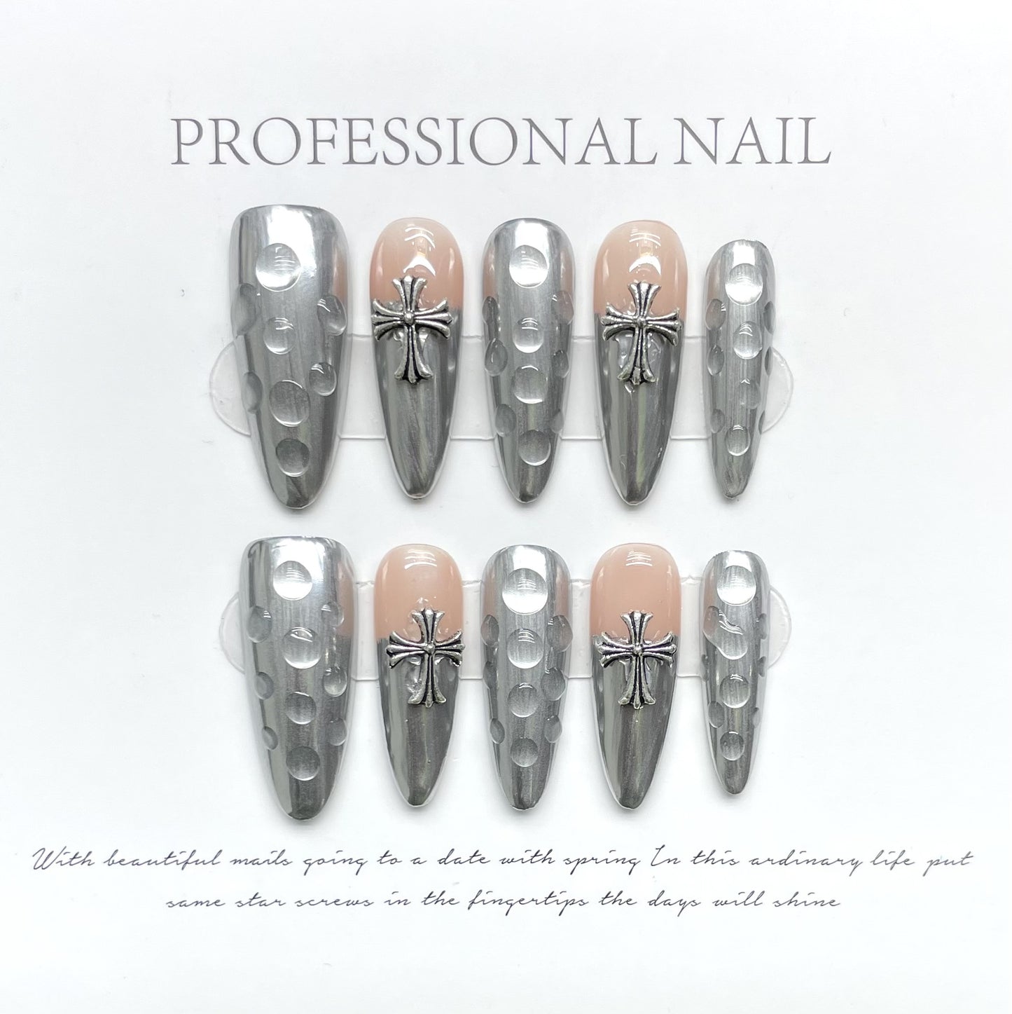 Silver cross punk gothic niche nail art Metallic fake nails